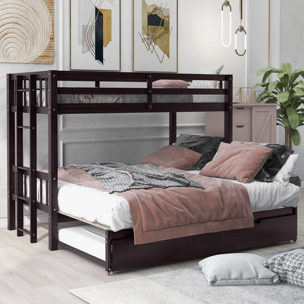 English Elm Twin over Pull-out Bunk Bed with Trundle and Wheels, Space-Saving Pine/MDF Frame Sleeps Four Crowd-Friendly Design Espresso GX000301AAP