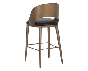Sunpan Dezirae Barstool - Stylish Curved Back Design with Genuine Leather Seat and Unique Craftsmanship Antique Brass / Charcoal Black Leather
