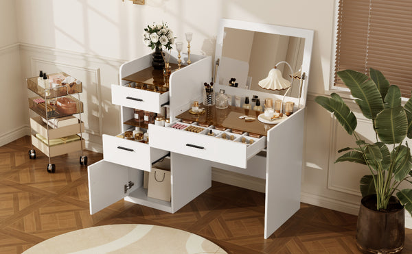 English Elm 3-in-1 Vanity Desk Flip Mirror Glass Top Hidden Storage Compact White Bedroom N704P391337K