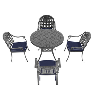 English Elm 5-Piece Elegant Cast Aluminum Patio Furniture Set With Blue Cushions For Stylish Outdoor Dining W1710S00070
