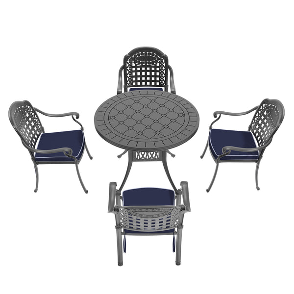 English Elm 5-Piece Elegant Cast Aluminum Patio Furniture Set With Blue Cushions For Stylish Outdoor Dining W1710S00070