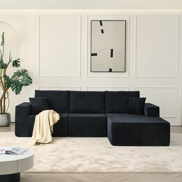 English Elm 110" Cloud Modular Sectional Sofa Boneless Corduroy 3-Seater with Ottoman & 2 Pillows, No Assembly, Luxurious Comfort Black W2656S00006