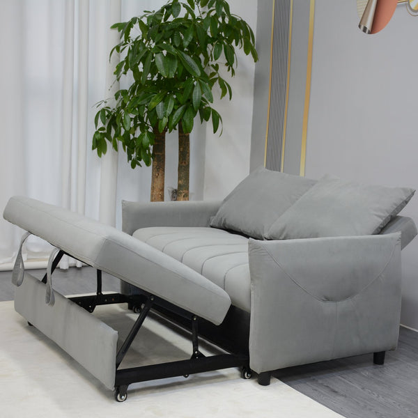 English Elm Convertible Velvet Sleeper Sofa Bed Loveseat with USB Charging, Pull-Out Bed, Storage Pockets, Gray W1183S00022