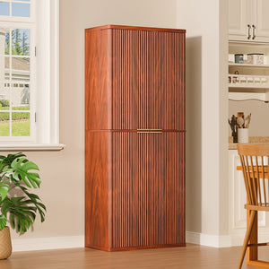 English Elm 72" Fluted Pantry Cabinet Tall Freestanding Kitchen Organizer with Sculpted Wood Doors Walnut W1820P379273