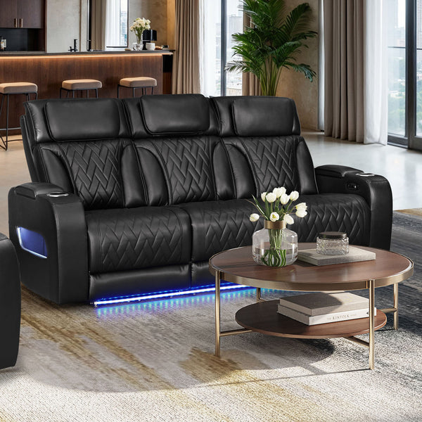 English Elm Jazmina Power Reclining Sofa Leather Aire Quilted Media Room Seating with Led Lighting Black B2749P413351