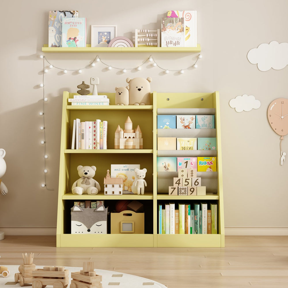 English Elm Yellow Toddler Wooden Bookcase with 4-Tier Sling Pockets Montessori Kids Storage Shelf for Playroom W2876P233539