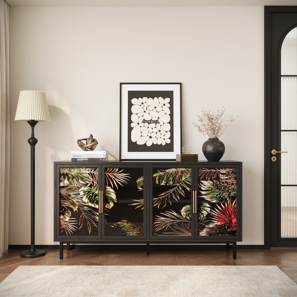 English Elm 60.3" Black Buffet Cabinet with Tropical Glazed Glass Doors, 4-Door Storage Console for Living Room W2263P367671