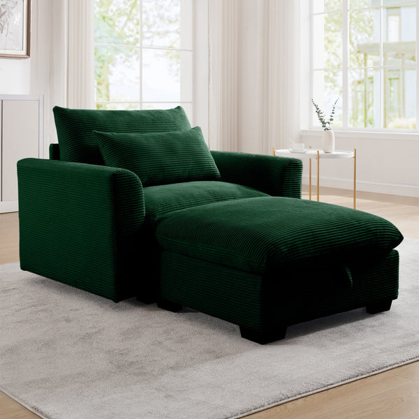 English Elm Green Corduroy Modular Sofa With Storage Ottoman - Deep Seat Comfort For Modern Living Spaces W714S00666