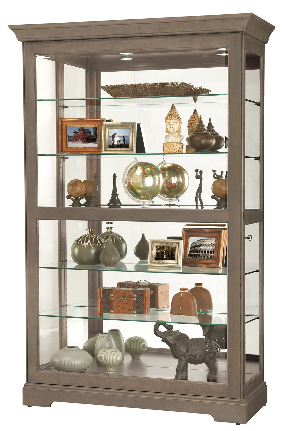 Hekman Furniture 680699 Aged Taupe Curio Cabinet With Beveled Glass, Adjustable Shelves & Dual Lighting For Collectibles Aged Grey Kane V Curio Cabinet 680699