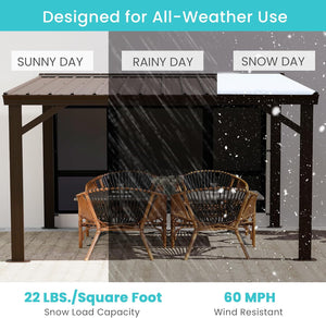 English Elm 10x12ft Lean to Hardtop Gazebo Wall Mounted Steel Roof Shelter for Deck Patio Brown W1859S00194