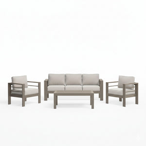 English Elm All-weather Outdoor 4 Piece Iron Conversation Set with Olefin Cushions and Wood Grain Table Beige B082S00103