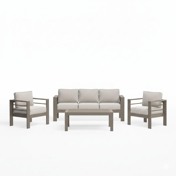 English Elm All-weather Outdoor 4 Piece Iron Conversation Set with Olefin Cushions and Wood Grain Table Beige B082S00103