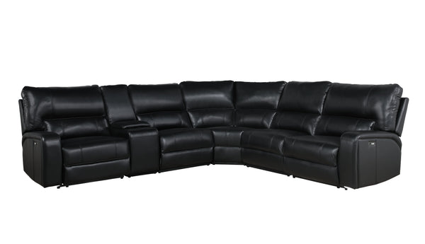 English Elm Saul Black Faux Leather Power Recliner Sectional with USB Ports, Cupholder Console & Storage - Sleek Comfort B2726S00121