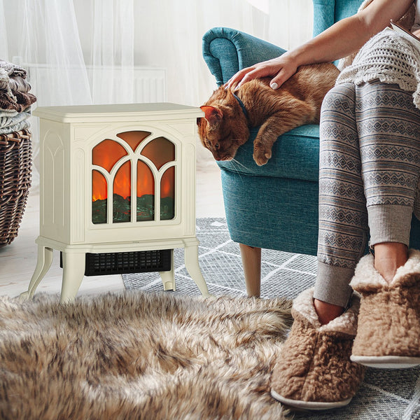 English Elm HOMCOM Freestanding Electric Fireplace Stove with Realistic Flame, 750/1500W Heat, Safety Features Beige W2225P229240