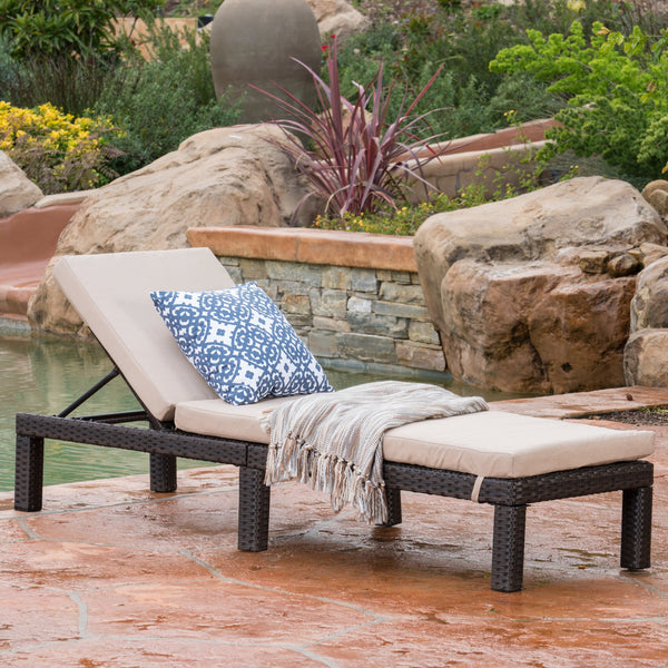 English Elm Christopher Knight Home® - PUERTA Chaise Lounge with Water-Repellent Beige Cushion, Dark Brown PE Rattan Frame, All-Season Comfort N775P247421B