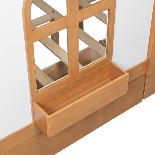 English Elm Full Size Kids House Bed with Led Bookshelf Storage Drawers and Charging Station Walnut LP000378AAL