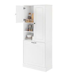 English Elm Tall Storage Cabinet with Flip-Out Basket, Adjustable Shelves & Aluminum Handles for Organized Living White N725P322739K
