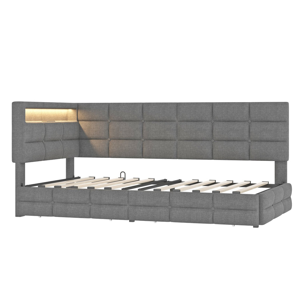 English Elm Upholstered Twin Daybed with 2 Under-Bed Drawers, Headboard Storage, USB-C Charging & LED Lights Gray 41.31 L x 21.42 W x 13.37 H N733P285121E