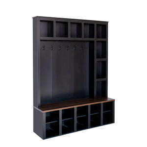 English Elm On-Trend Farmhouse Hall Tree With 6 Hooks & Storage Bench – 4-In-1 Entryway Organizer In Walnut & Black N721S000044B-GIGA