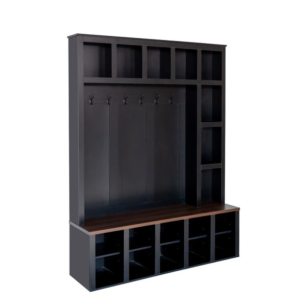 English Elm On-Trend Farmhouse Hall Tree With 6 Hooks & Storage Bench – 4-In-1 Entryway Organizer In Walnut & Black N721S000044B-GIGA