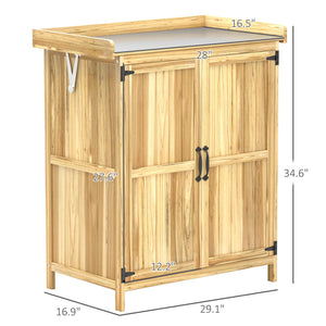 English Elm Wooden Garden Potting Bench with Fir Construction Steel Top and Weatherproof Tool Cabinet T3971P423152