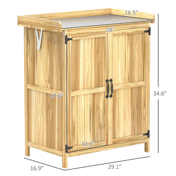 English Elm Wooden Garden Potting Bench with Fir Construction Steel Top and Weatherproof Tool Cabinet T3971P423152