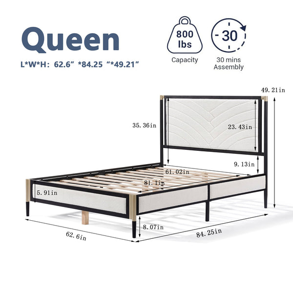 English Elm Christopher Knight Home® - Queen Platform Bed with White Bouclé Headboard, Champagne Silver & Black Frame, Solid Slats, 800lb Support N758D801819B