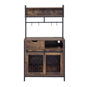 English Elm 2 IN 1 Rustic Dog Crate Side Cabinet Organizer with USB Outlets, Hooks & Sliding Kennel for Dogs N843P256449O