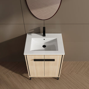 English Elm 24 Inch Oak Bathroom Vanity Base with Basin — Engineered Wood, Double-Door Storage, Minimalist Chic W1972S00003