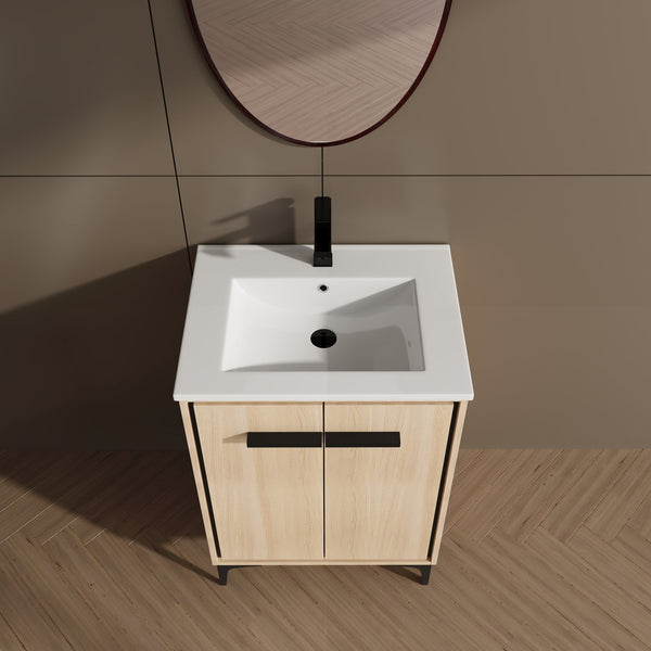 English Elm 24 Inch Oak Bathroom Vanity Base with Basin — Engineered Wood, Double-Door Storage, Minimalist Chic W1972S00003