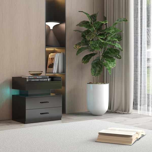 English Elm 1 Set Led Strip Nightstand with 2 Drawers Open Shelf Contemporary Bedside Storage Black W578P462506