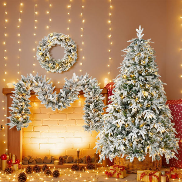 English Elm Christmas Snow Flocked Wreath Set with 9ft Garland & 6ft Tree, Warm LED Lights, 3-Piece Indoor Decor (100) PX283313AAW