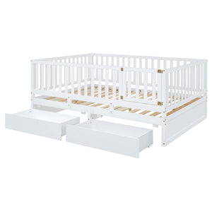 English Elm Full Size Pinewood Kids Daybed with Fence Rails Split Floor Bed and Storage Drawers White LP100882AAK