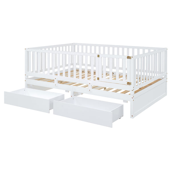 English Elm Full Size Pinewood Kids Daybed with Fence Rails Split Floor Bed and Storage Drawers White LP100882AAK