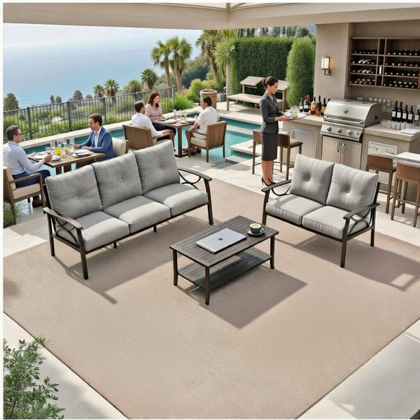 English Elm 3-piece Outdoor Steel Patio Conversation Set with Thick Cushions and Coffee Table Gray B082S00129