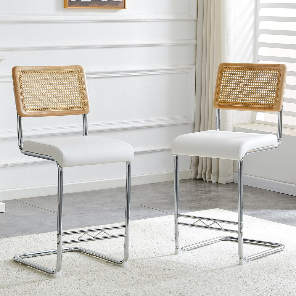 English Elm Natural Rattan Backrest Counter Stools Set of Two with Velvet Seat and Chrome Legs W2920P395620