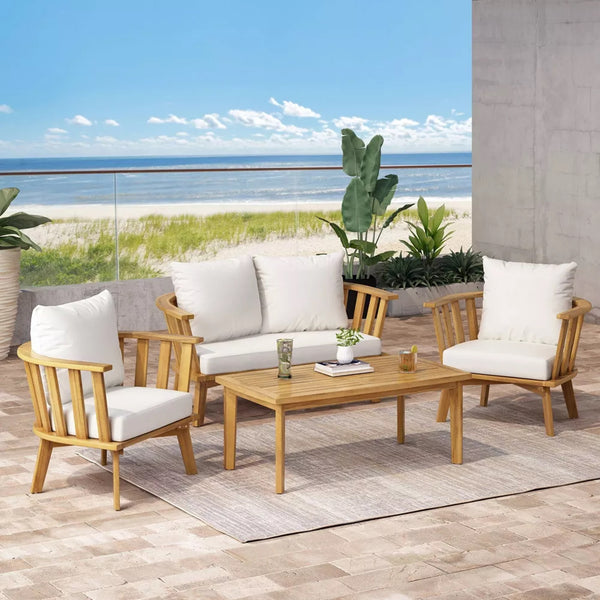 English Elm Christopher Knight Home® - 4-Pieces Acacia Wood Patio Furniture Set - Stylish Deep Seating Conversation Set With Coffee Table, Cushions 64851.00WHI-2_70334.00WHI_70336.00