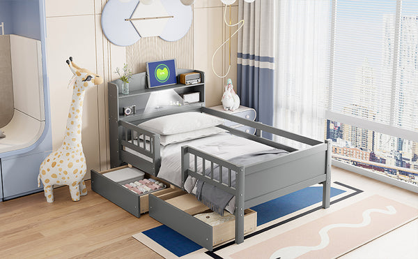 English Elm Wood Twin Size Platform Bed with Built-in LED Light, Multifunctional Headboard, Guardrail & Storage Drawers Gray N709P243969E