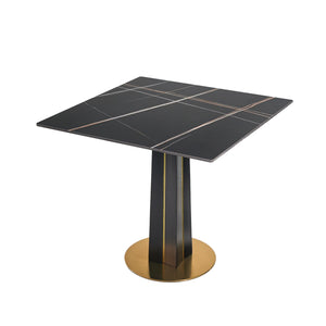 English Elm Modern Square Negotiation Table - 85Cm Black Sintered Stone Top, Elegant Wooden Legs & Gold Base W1535S00587