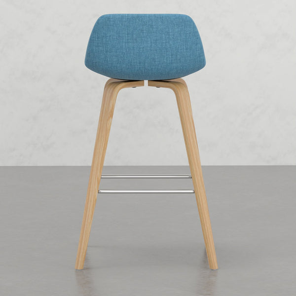 English Elm Harvard Mid-Century Bentwood Counter Bar Stools Set of 2 in Blue Linen Upholstery with Chrome Footrest B2732P253609