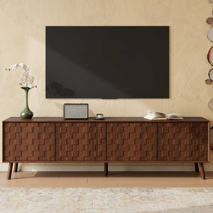 English Elm 70 Inch Fluted Entertainment Center Walnut Finish Solid Wood Legs Soft Close Storage N710P372582P