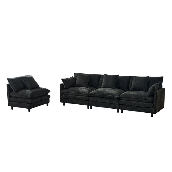 English Elm 140.9-inch U-shaped Modular Sectional Sofa with Ottomans Chenille Cloud Cushions Black W288S00030