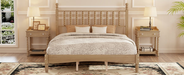 English Elm Queen Wood Platform Bed with Gourd-Shaped Headboard, Retro-Inspired Solid Frame, Slat Support, Sturdy Elegance Natural 64.8 L x 17.5 W x 9.5 H N733P206242M