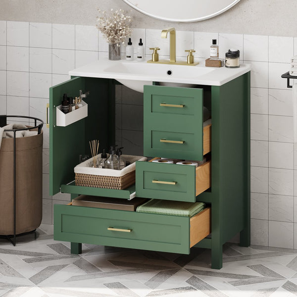 English Elm 30" Green Modern Bathroom Vanity with Ceramic Sink, Solid Wood Frame, Soft-Close Doors & Drawers N729P177787F