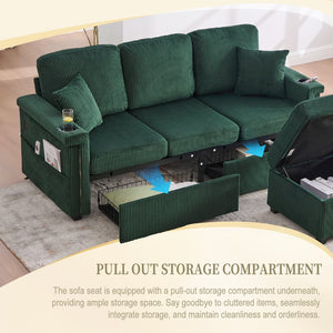 English Elm UNITED Corduroy L-Shaped Sectional Sofa with Storage Ottoman, USB Ports, Cup Holders & LED Lighting Emerald W1568P332404