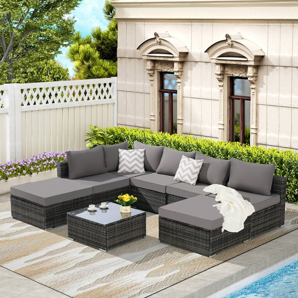English Elm 8 Piece Modular Wicker Sectional Set with Tempered Glass Table for Patio Resort Style Dark Gray W874S00059