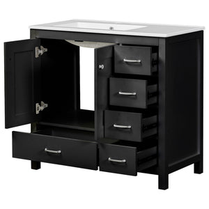 English Elm 36" Black Bathroom Vanity with Ceramic Sink, 2 Soft-Close Doors & 5 Drawers, Modern Storage Elegance N729P183735B