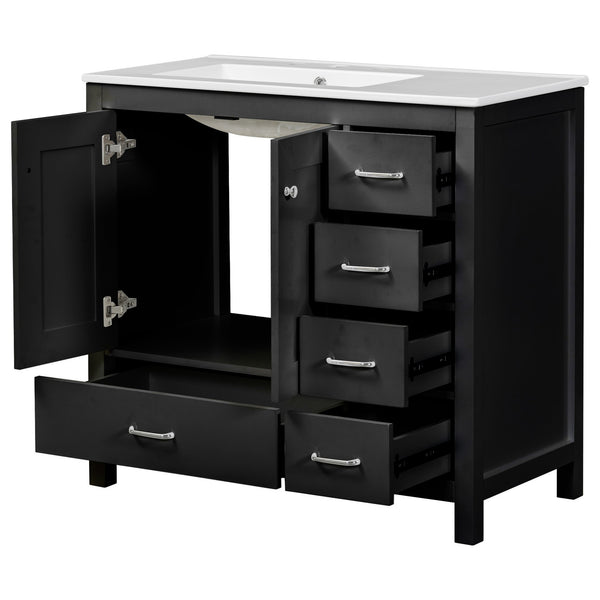 English Elm 36" Black Bathroom Vanity with Ceramic Sink, 2 Soft-Close Doors & 5 Drawers, Modern Storage Elegance N729P183735B