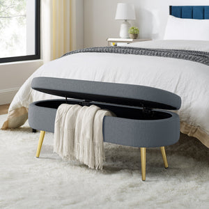 English Elm Ottoman Oval Flannel Storage Bench with Matte Metal Legs for Bedroom or Living Room Dark Gray W487P438628