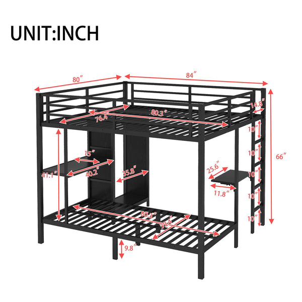 English Elm King Metal Bunk Bed King over Twin XL with Built-In Wardrobe, Foldable Desk, Shelf & Sturdy MDF W1580S00111